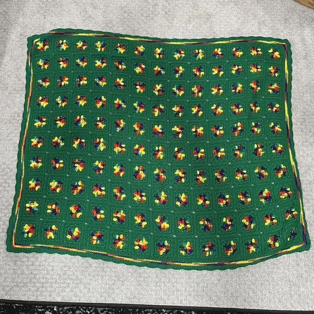 Vintage Rainbow Granny Square Thick Afghan Blanket Crochet 59